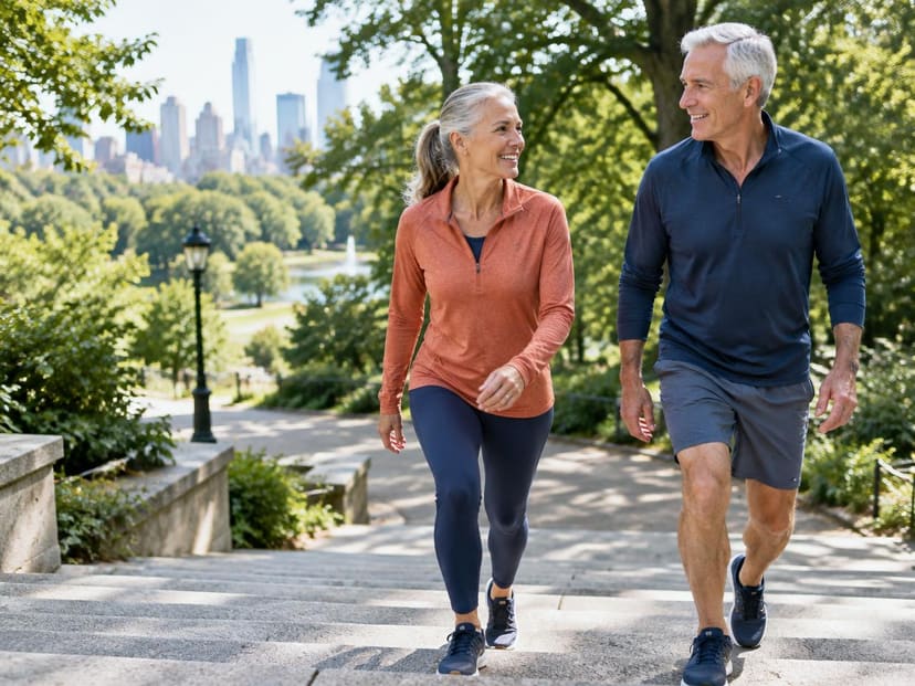 Active couple walking up outdoor steps together